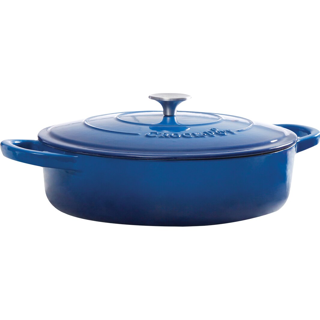 Vas cu capac Crock-Pot, fonta emailata, 4.7L, rotund, albastru